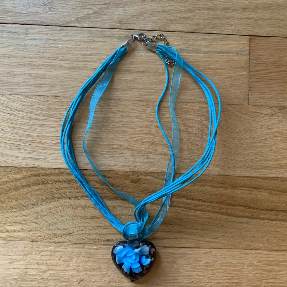Blue Flower Ribbon & Chord Necklace
